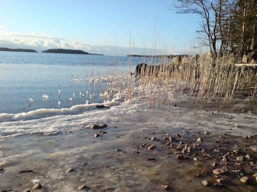 Ice edges a stony beach with reeds and small islands in the sea near Hanko.
