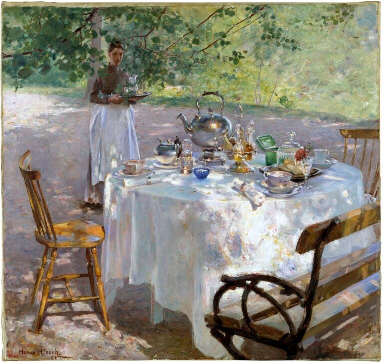 Painting by Hanna Hirsch-Pauli: a breakfast table with a white cloth and a silver kettle under trees in summer light, and a maid carrying a tray