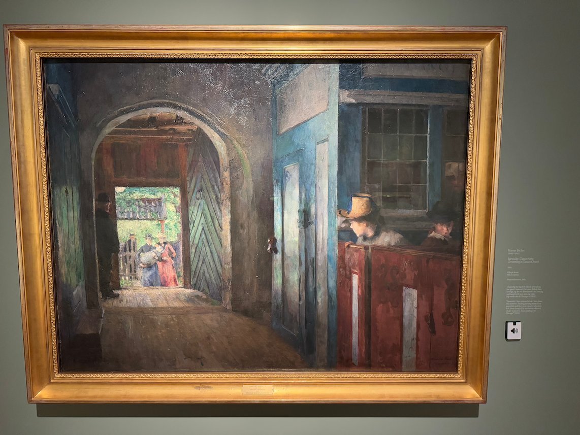 Painting by Harriet Backer of a view through an open church door to people outside, with a woman in a pew