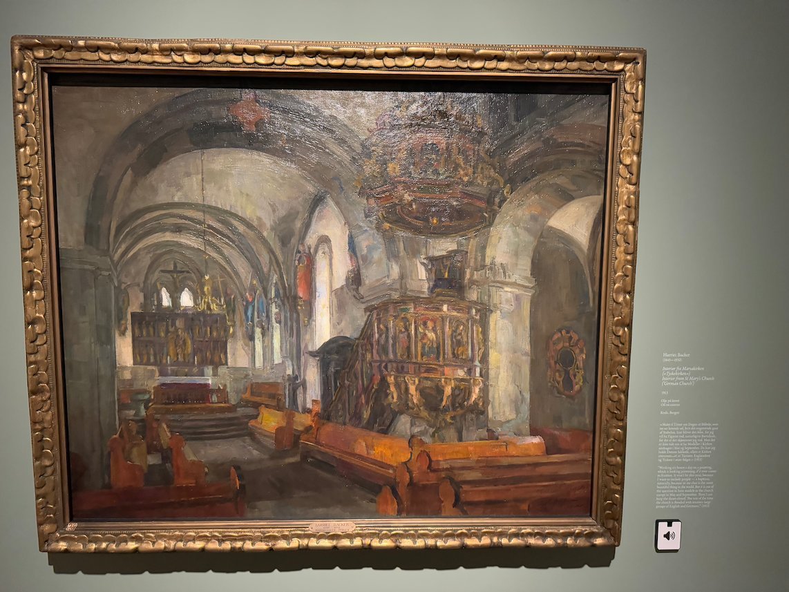 Painting by Harriet Backer of a church interior with an altar and a pulpit