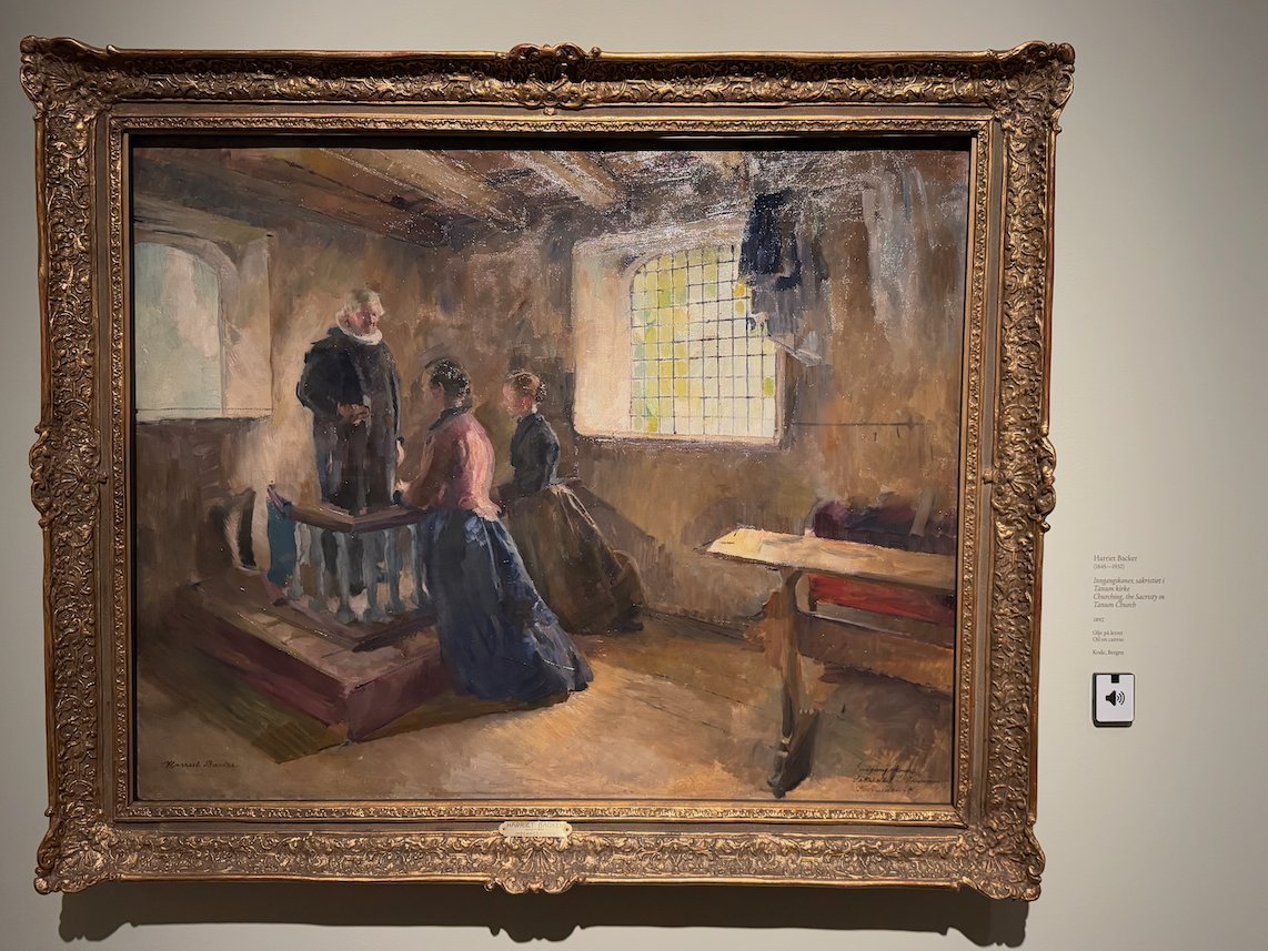 Painting by Harriet Backer of people who stand by a balustrade near a lead glass window