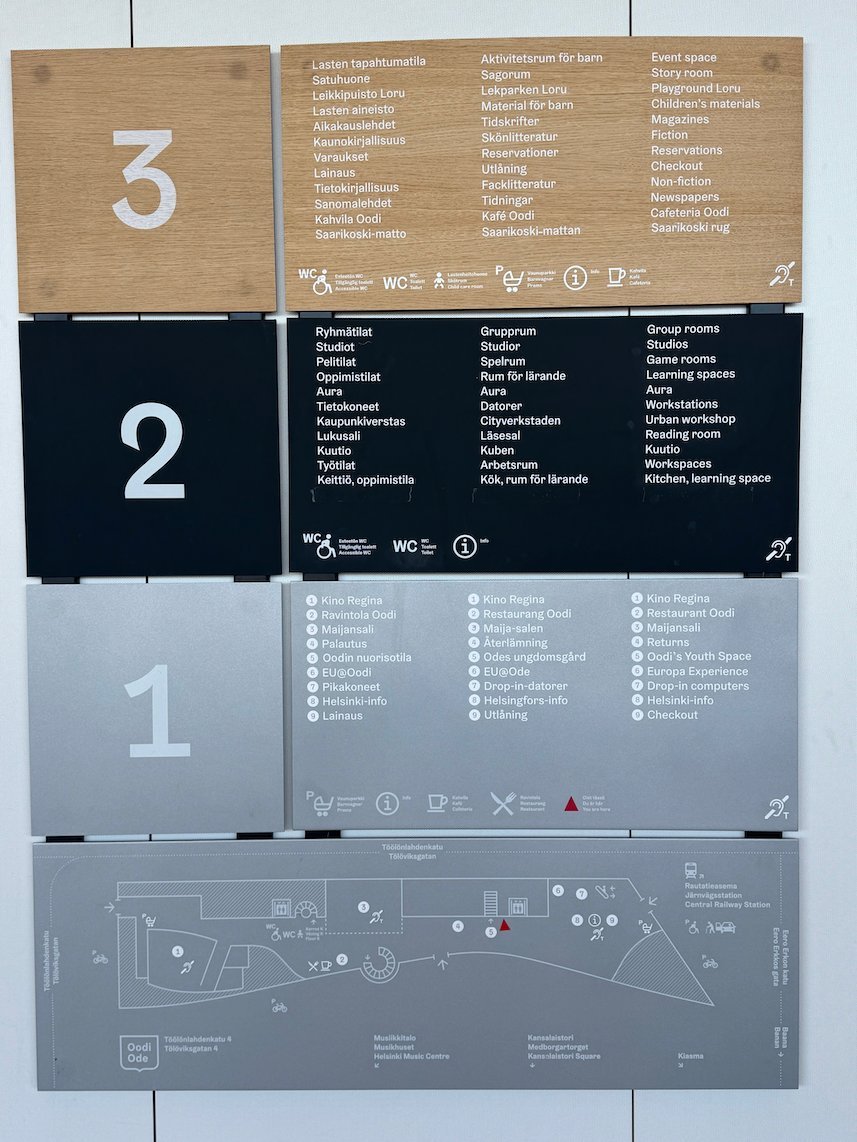 A floor directory sign lists the services on the three floors of Oodi library in Helsinki.