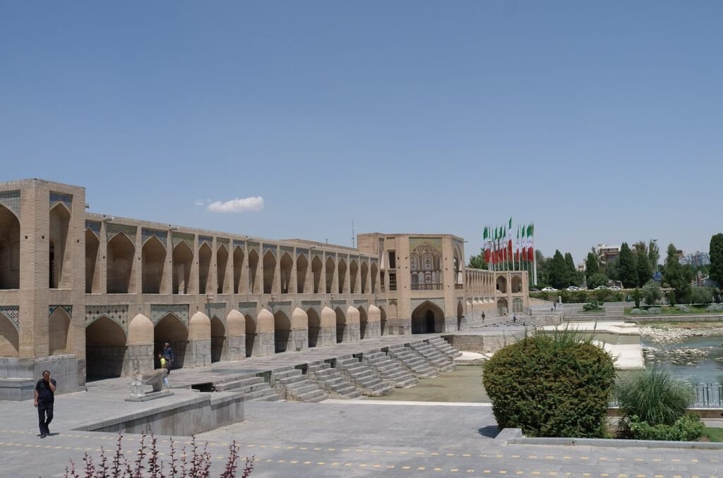 Historic bridge with arches and a pavilion over the Zayandeh River