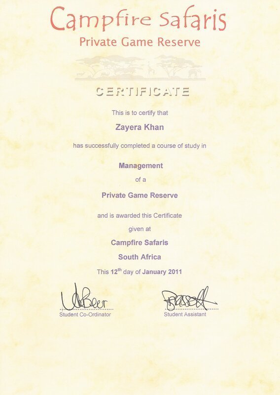 A Campfire Safaris certificate for a course in private game reserve management.
