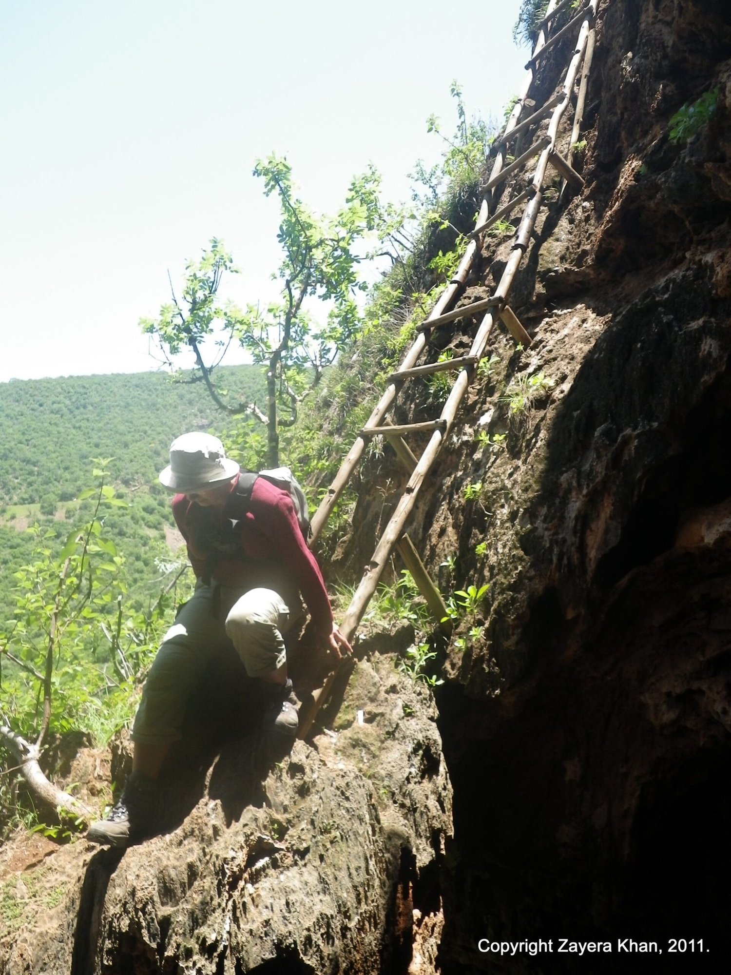 A traveler in a hat climbs a wooden ladder up a steep rock face near Hoedspruit.