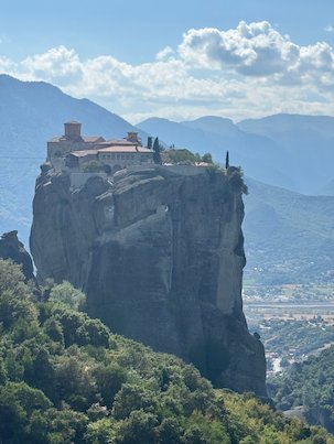 Holy Trinity Monastery on top of a steep rock pillar at Meteora
