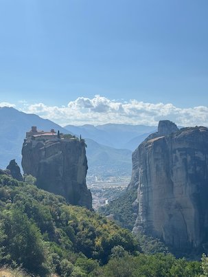 Holy Trinity Monastery and another rock tower above the valley at Meteora