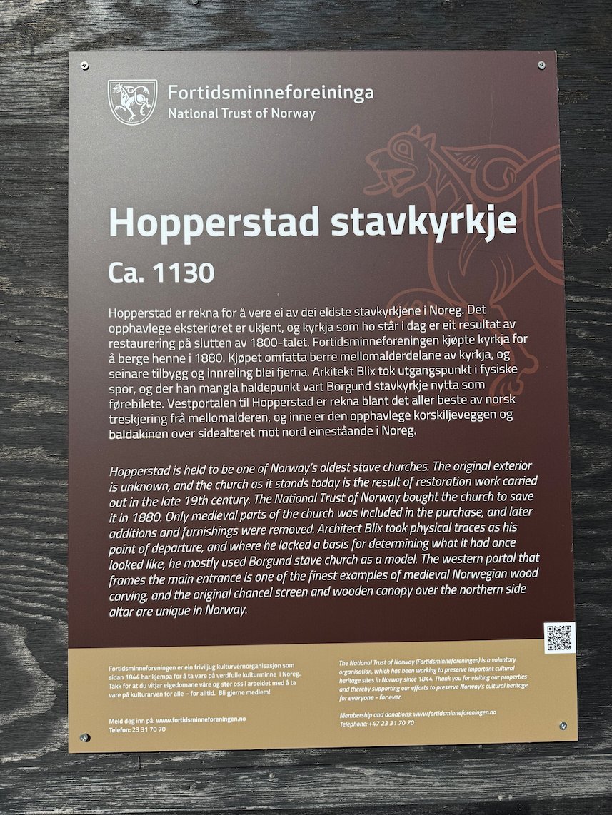 Information sign Hopperstad stavkyrkje, ca. 1130, from the National Trust of Norway
