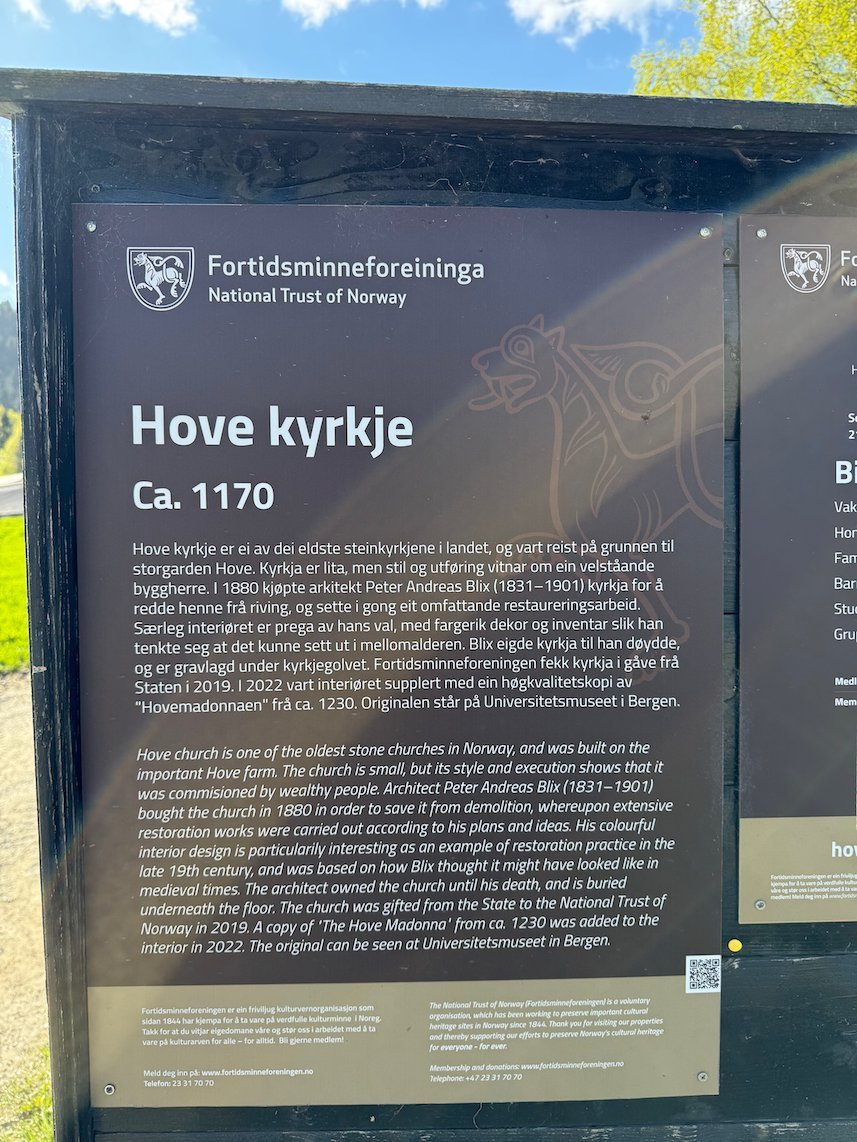 Information sign Hove kyrkje, ca. 1170, from the National Trust of Norway