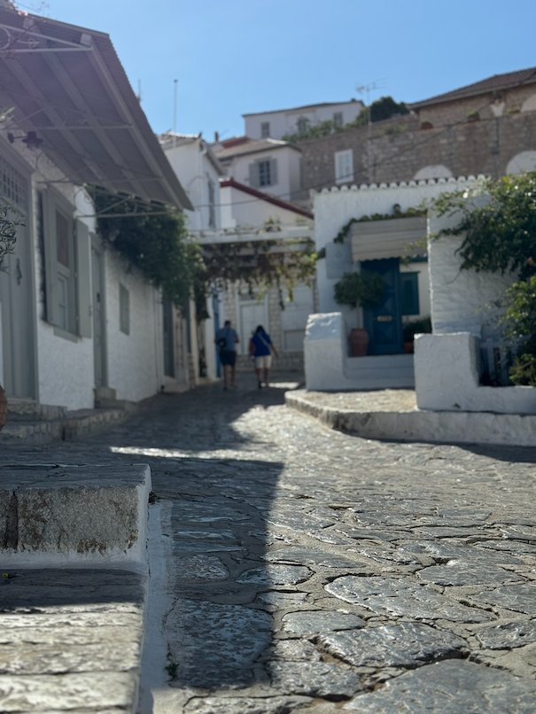 Cobblestone lane between white houses with green shutters in Hydra
