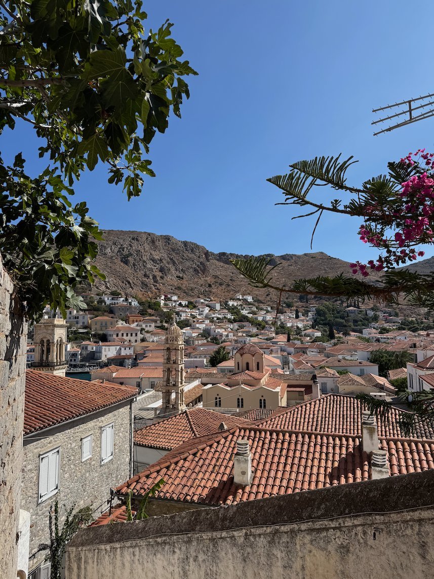 Red roofs of Hydra with pink bougainvillea in front