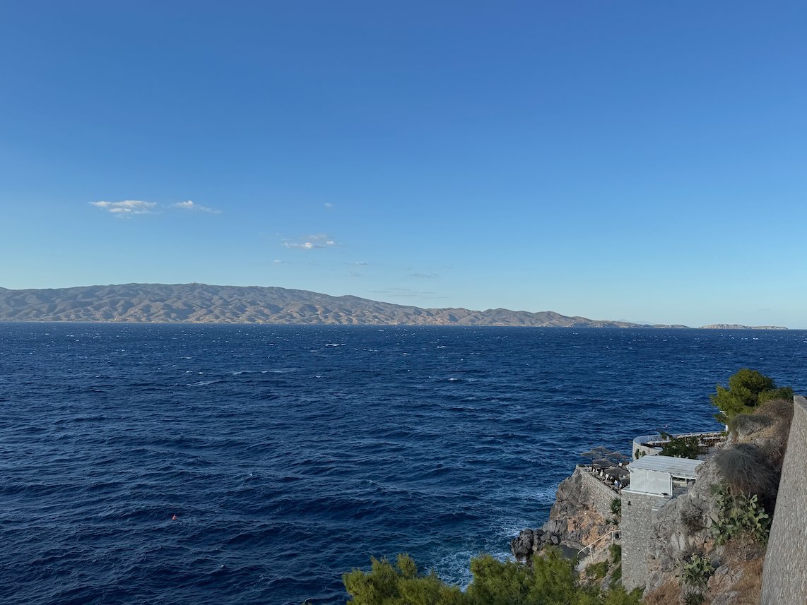 Deep blue sea with the coast of the Peloponnese on the horizon, from Hydra