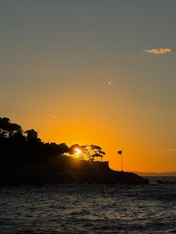 Sun that sets behind trees on the coast of Hydra