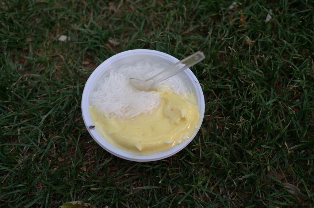 Bowl of saffron ice cream on the grass by the river in Isfahan