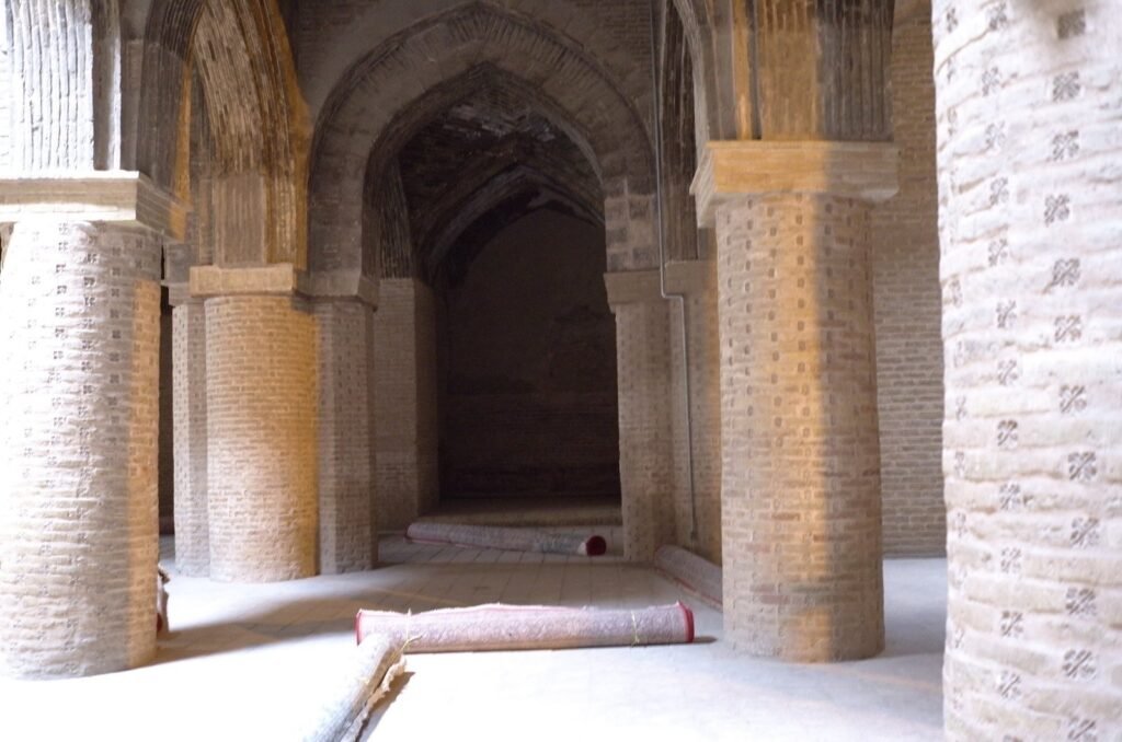 Brick columns and arches in a prayer hall of the Jameh Mosque of Isfahan