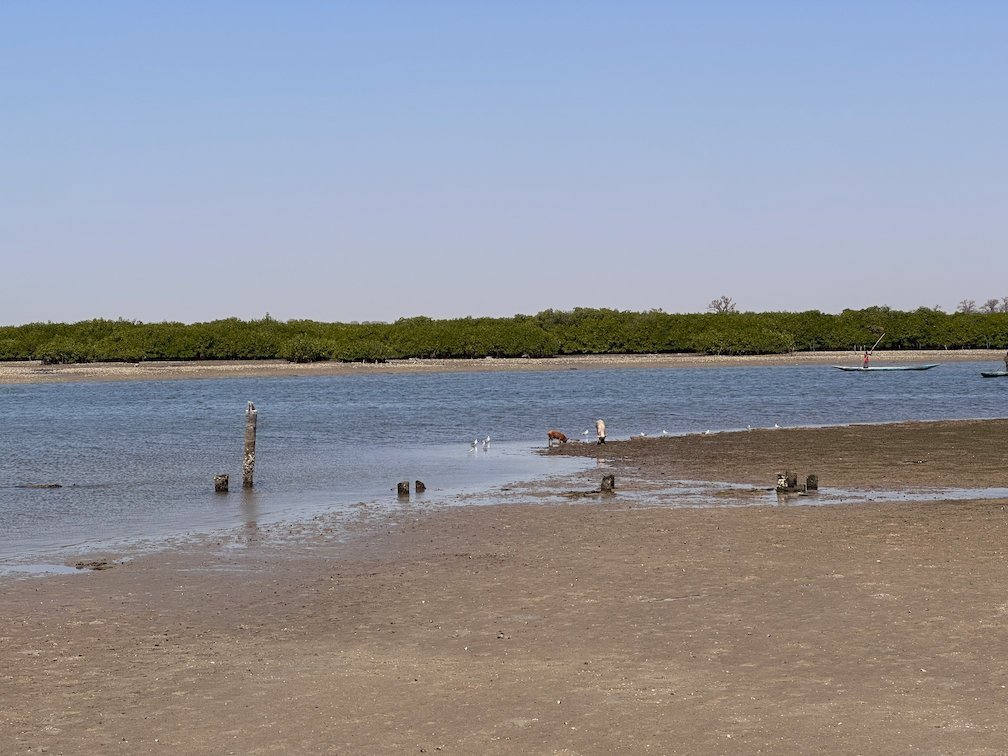 People walk in the lagoon at low tide near Joal-Fadiouth.