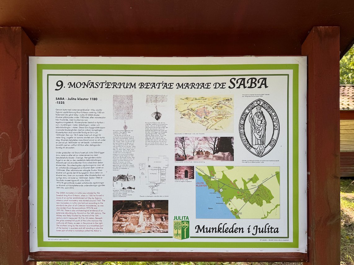 Information board about the medieval Cistercian monastery of Saba at Julita, part of the Munkleden trail