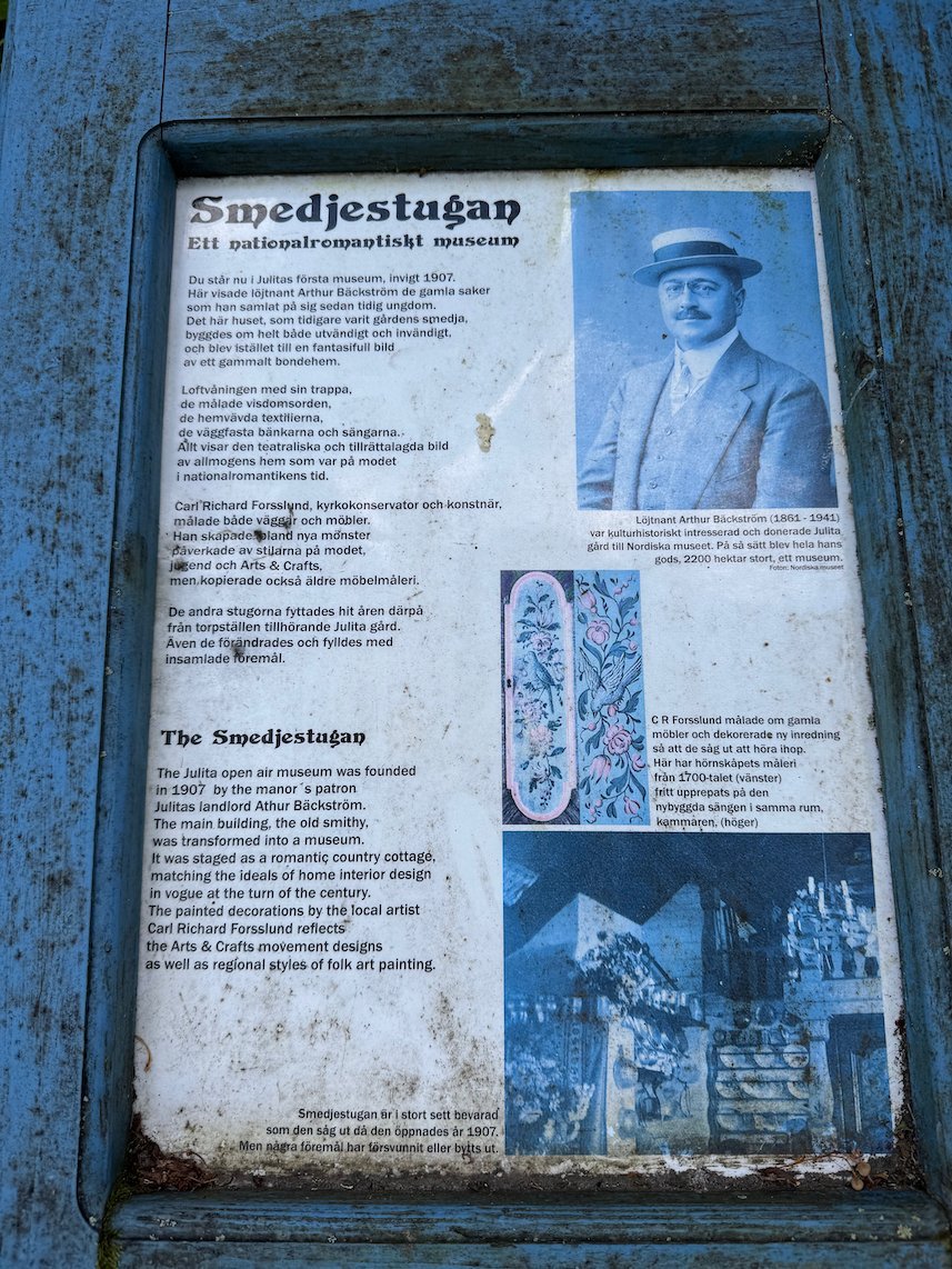 Information sign about Smedjestugan, a small museum at Julita Gård, with old photos
