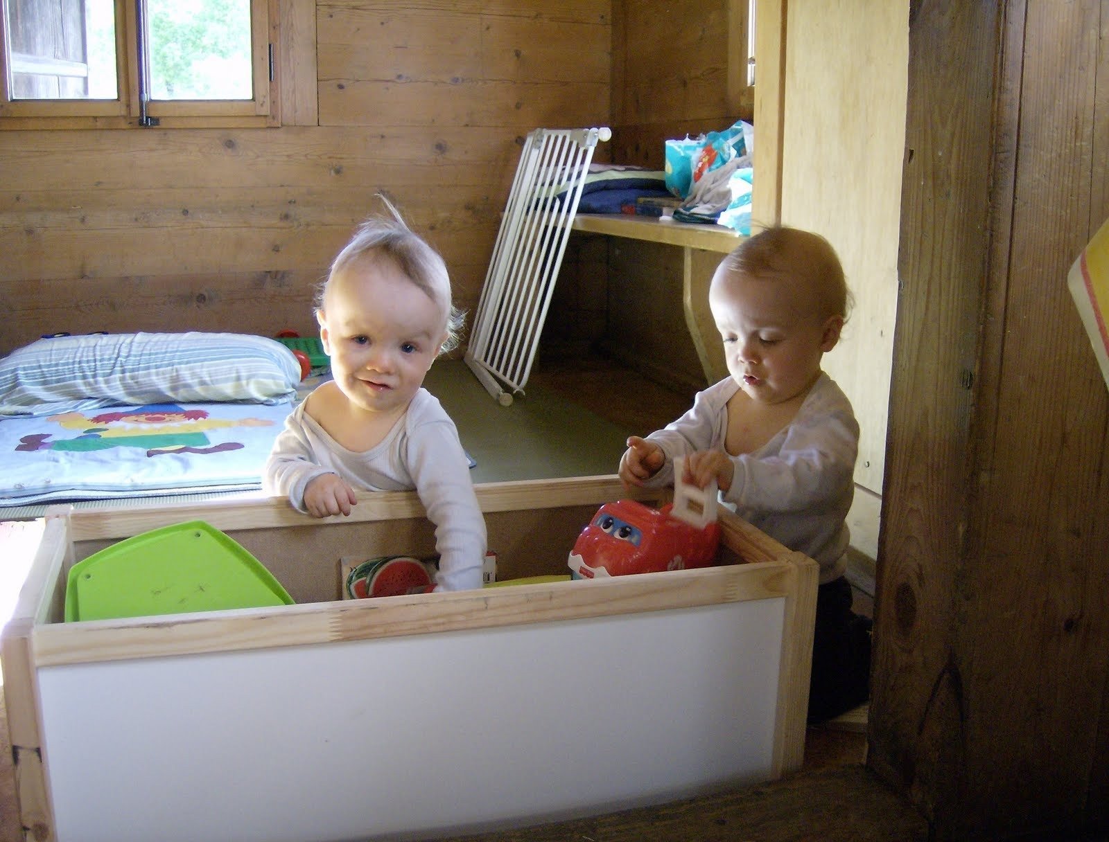 Two babies play with toys in a box in a wooden room on the farm.