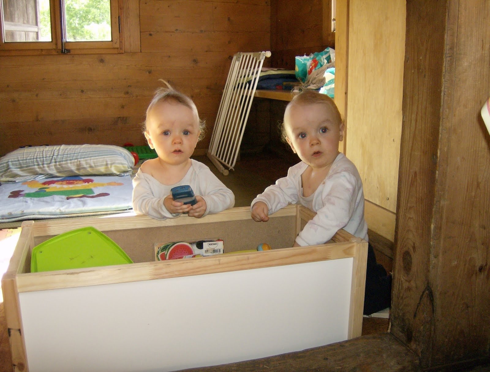 Two babies stand in a toy box and look at the camera in a farmhouse.
