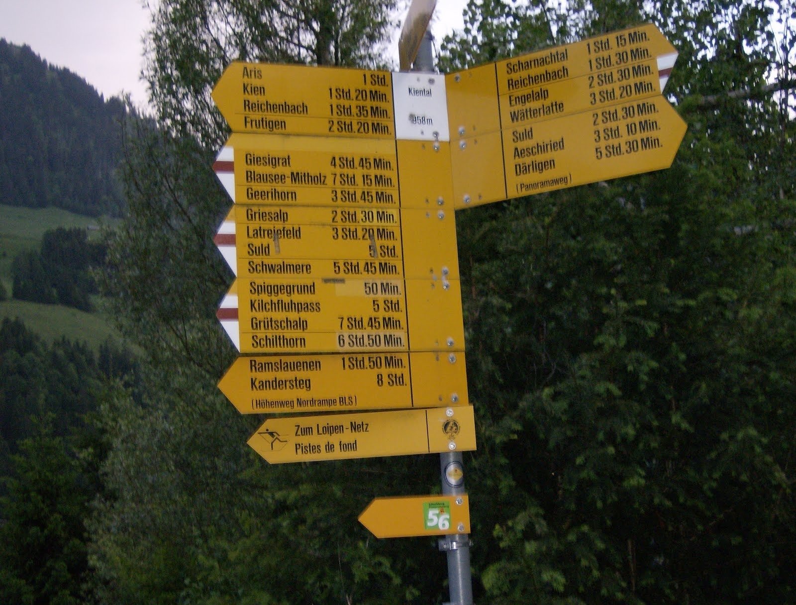 Yellow Swiss hiking signs show walking times to places near Kiental.