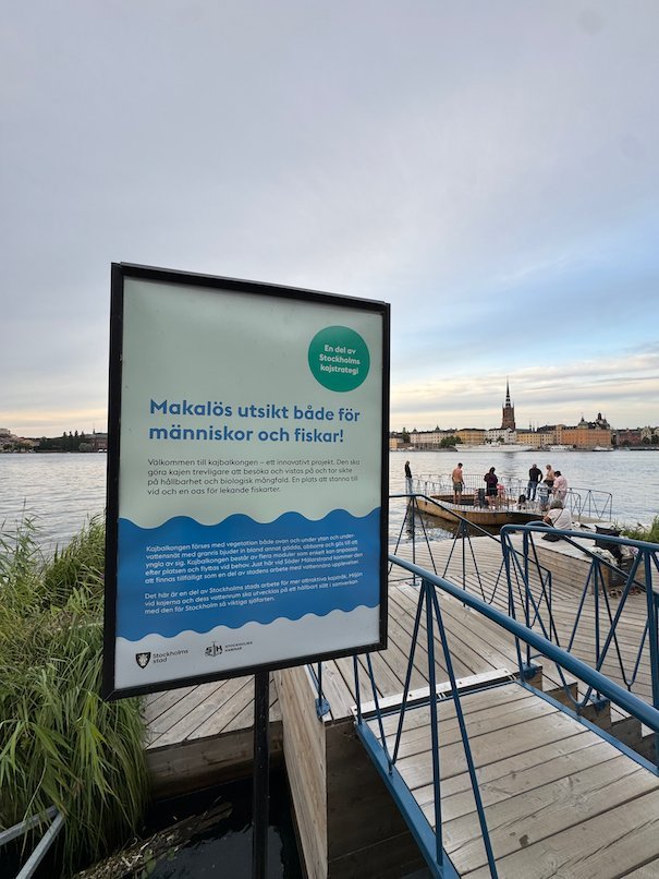 An information sign on a jetty by the water, with the spire of Riddarholmen Church in the background
