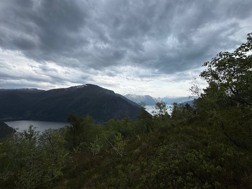 Wide view over the Hardangerfjord and mountains under a grey sky