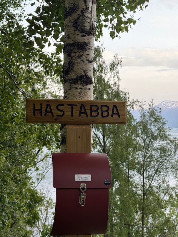 Wooden sign Hastabba and a red trail box on a birch tree
