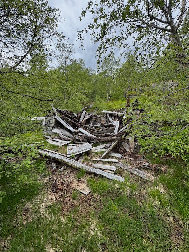 Pile of old timber on the hillside near Kvanndalsstølen
