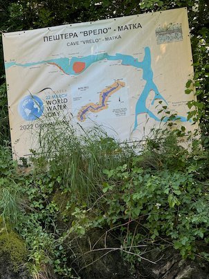 A sign with a map marks Vrelo Cave in Matka Canyon near Skopje.