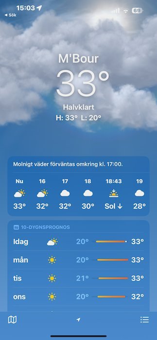A phone weather app shows 33 degrees in Mbour.