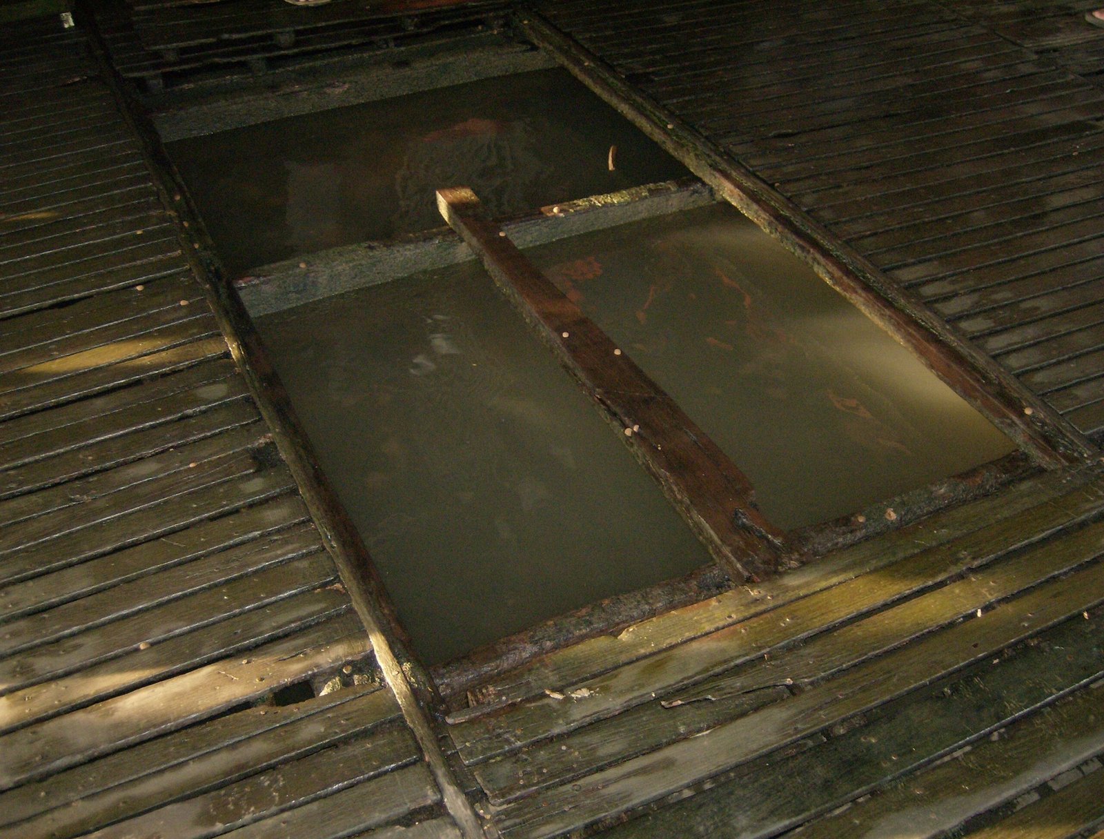 An open hatch in a wooden floor shows the water of a fish farm in the Mekong Delta.