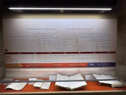 Old manuscripts in a display case under a timeline panel in a Meteora monastery