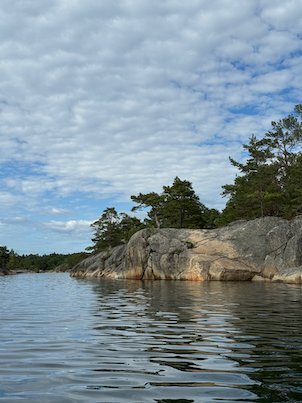 Smooth granite islet with pine trees, seen from a kayak on calm water