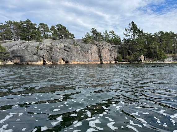 Steep granite cliff with pine trees along the water in the Möja reserve
