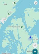Map of Möja and the nature reserve to the south-east, with a blue position dot