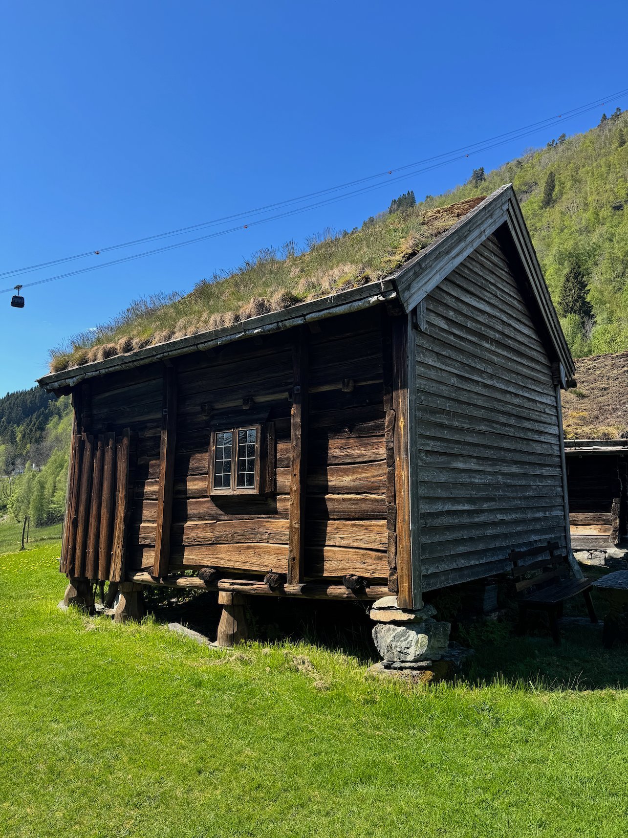 Old log storehouse with a grass roof at Mølstertunet, Voss Folkemuseum