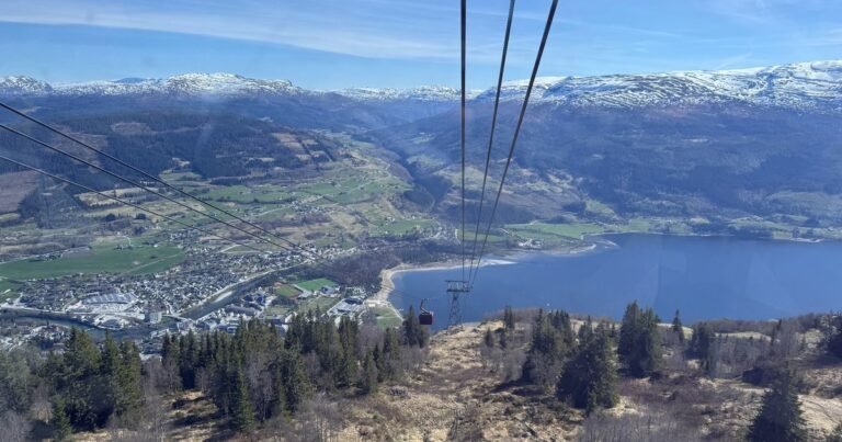 View from a gondola over Voss, its lake and the mountains in western Norway