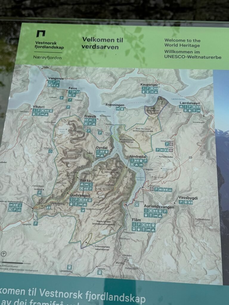 Map board Velkomen til verdsarven, the West Norwegian Fjords UNESCO World Heritage area