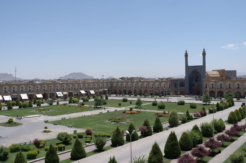 Naqsh-e Jahan Square with gardens and the Shah Mosque, seen from Ali Qapu Palace