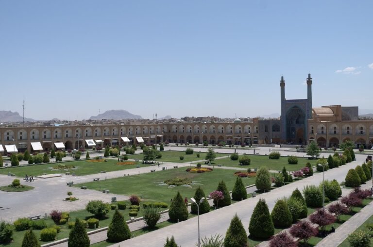 Naqsh-e Jahan Square with gardens and the Shah Mosque, seen from Ali Qapu Palace