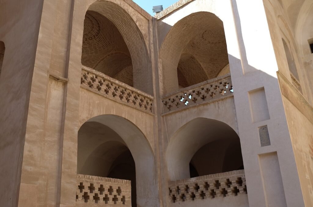 Two floors of arcades in the courtyard of the Jameh Mosque of Natanz