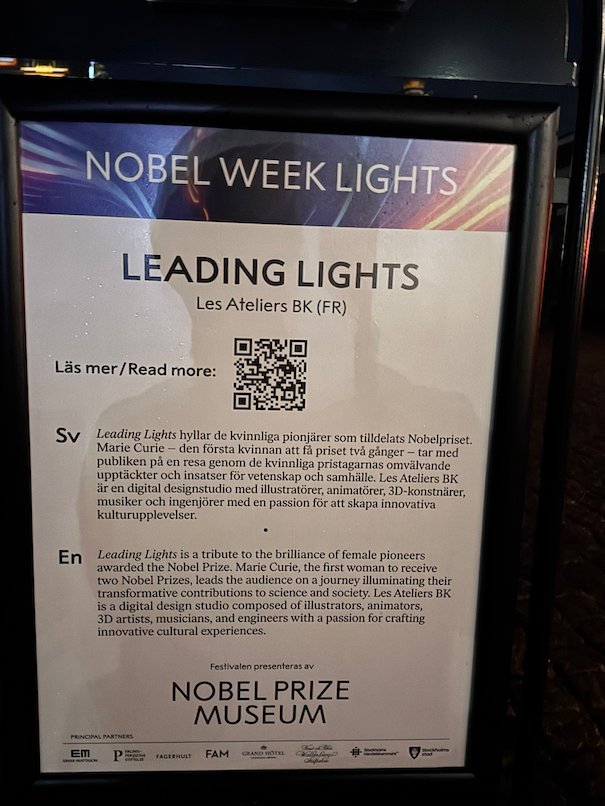 Information sign for Leading Lights by Les Ateliers BK, an artwork about female Nobel Prize laureates, Nobel Week Lights
