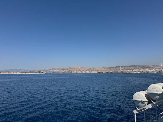 Wide view of the coastline at Piraeus and Athens from the sea