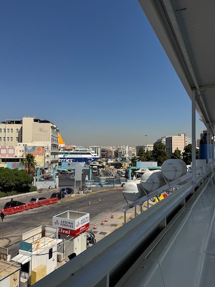 View from the ferry over the port area and buildings of Piraeus