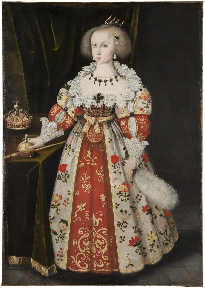Painting of Queen Kristina as a young girl in a red and white embroidered dress and a small crown, with her hand on the orb. A larger crown lies on the table beside her.