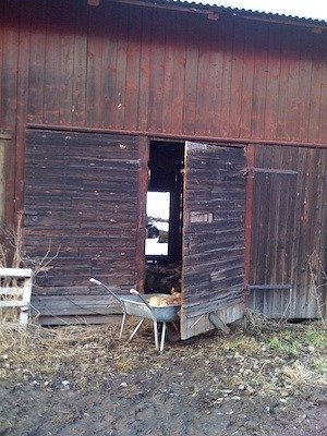 Röd trälada med öppen port och en skottkärra framför