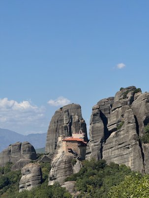 Rousanou Monastery on a narrow rock pillar between other rock towers at Meteora