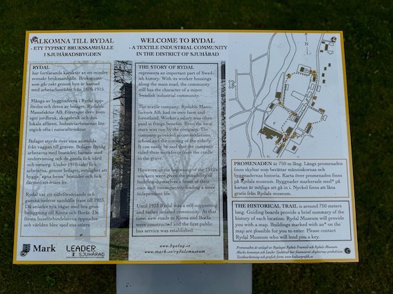 Welcome to Rydal sign with a map and text about the textile village