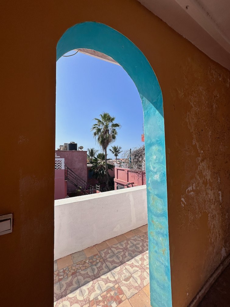 A turquoise arch door frames a palm tree and a terrace in Saint-Louis.